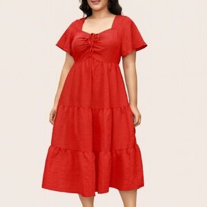 BloomChic Scarlet Midi Dress with Ruched Detail
